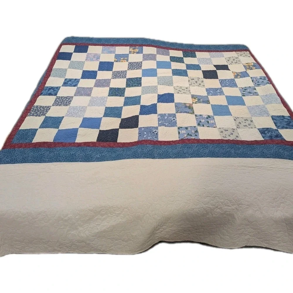 COUNTRY‎ PATCHWORK QUILT King SZ BLUE WHITE Red 2 SIDED